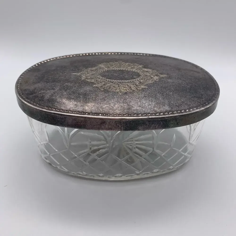 Vintage Andrea by Sadek Glass Dresser Bathroom Storage jars w/ Silverplate cover